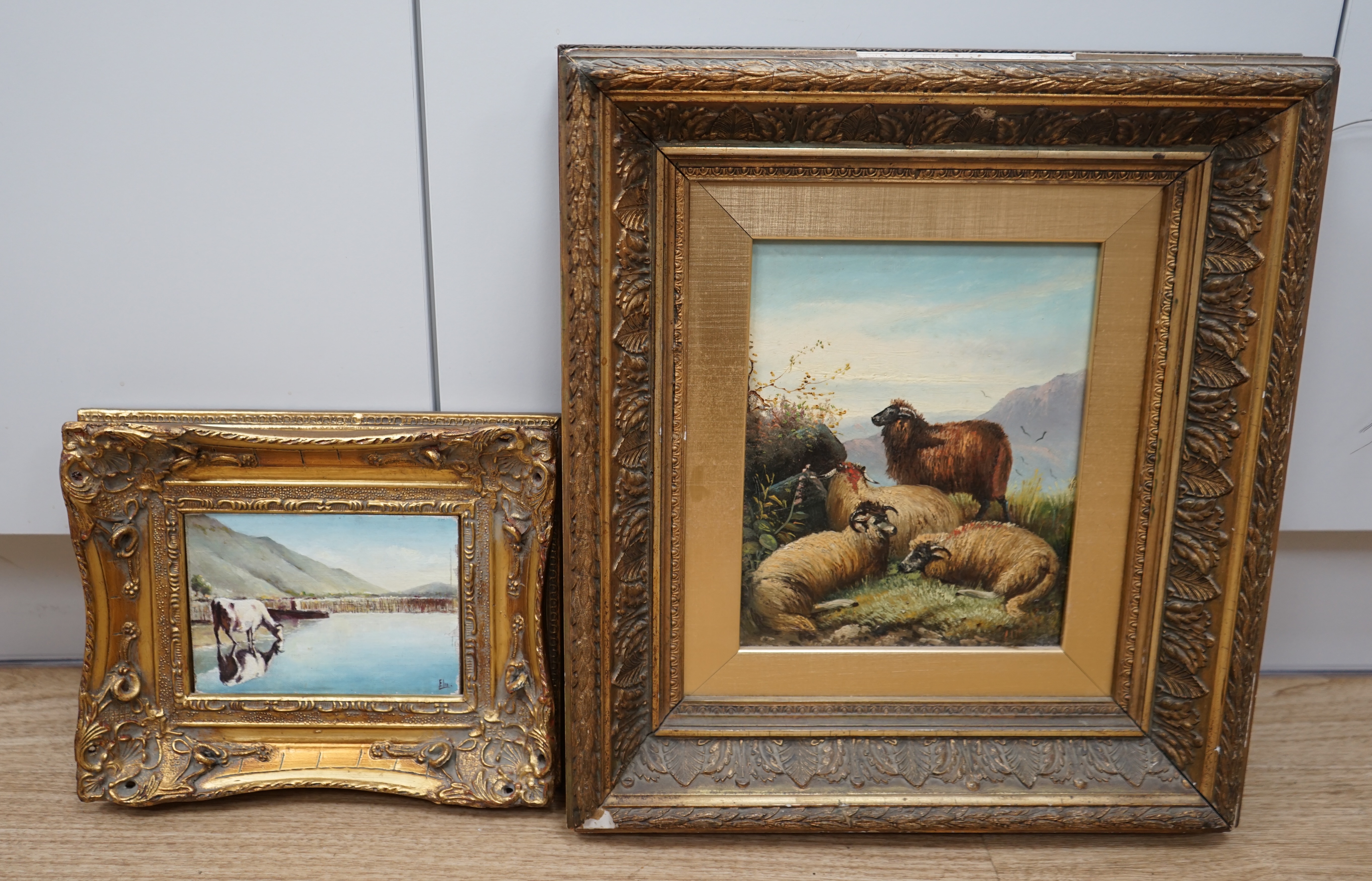 Two decorative oils on board, Flock of sheep before a landscape and Riverscape with cattle, largest 24 x 19cm, each gilt framed. Condition - fair